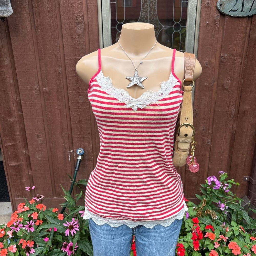 Y2K 2000s Pink Striped Lace Trim Cami Size L